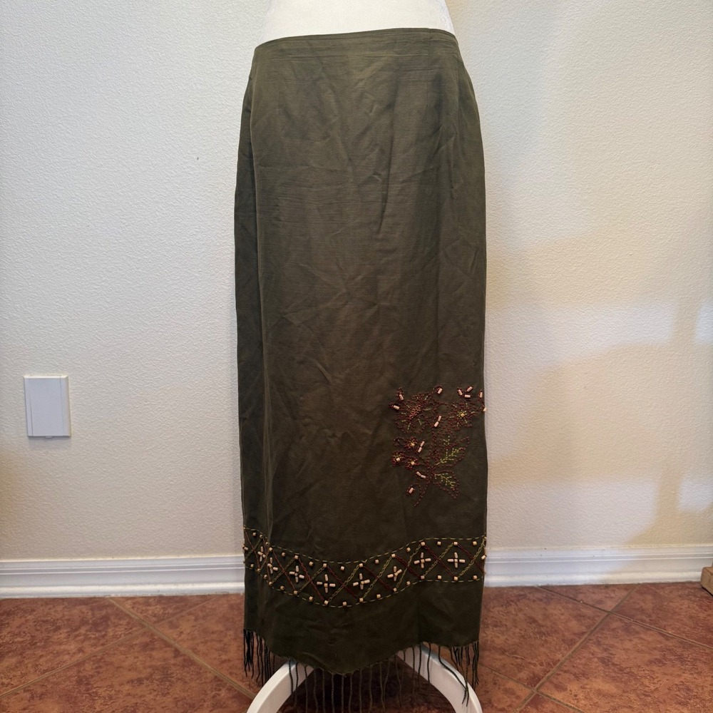 Olive Green Linen Blend Embroidered Beaded Fringe Maxi Skirt Size 14 Boho